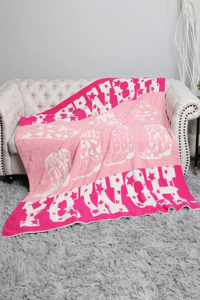 Women's Pink Western Sherpa Throw Blanket with Cowgirl Boot Motif