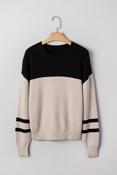 Cozy Parchment Color Block Sweater for Women with Striped Sleeves Effortless Casual Chic Knitwear for Any Occasion