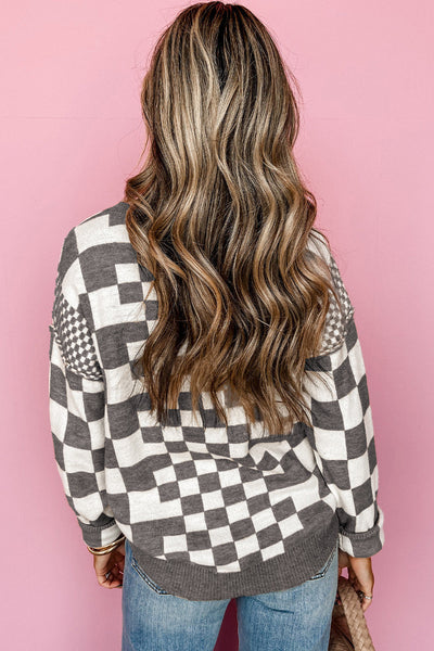 Cozy Gray Checkered Drop Shoulder Sweater for Women - Chic Round Neck Knit Top for Effortless Casual Style