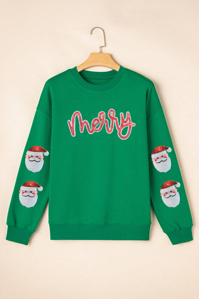 Women's Green Sequin Merry Christmas Sweatshirt with Santa Patches