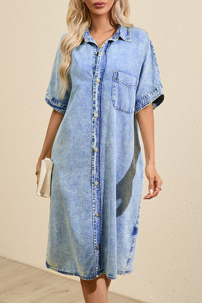 Women's Retro Short Sleeve Denim Midi Shirt Dress