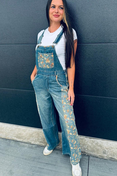 stylish women's peacock blue floral patchwork wide leg denim overalls - comfortable fashion for casual outings made for easy styling and wardrobe with