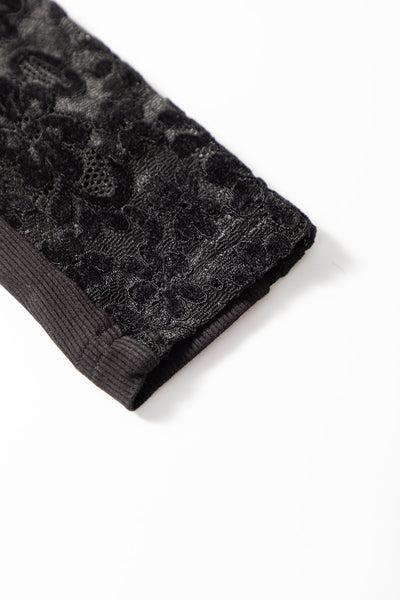 Chic Women's Black Floral Lace Long Sleeve Top - Slim Fit High Neck with Trendy Patchwork Design