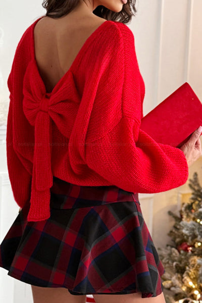 Chic Women's Fiery Red Backless Bubble Sleeve Sweater - Perfect for Festive Events with a Comfortable Fit made for easy styling and wardrobe