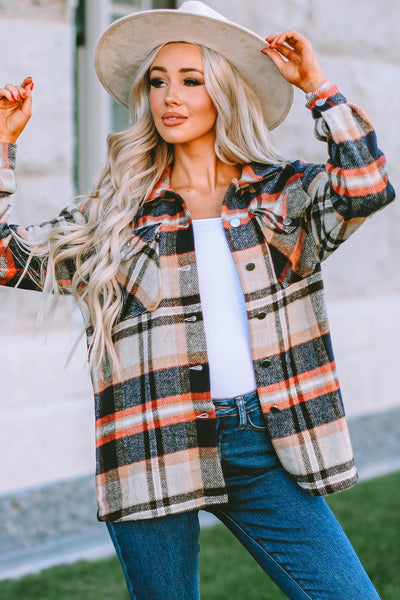 Women's Stylish Khaki Geometric Plaid Shacket with Pockets - Perfect Layering Piece for Fall & Winter Fashion