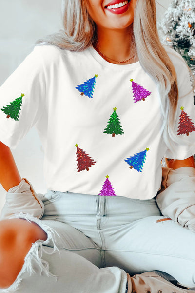 Women's Sequined Christmas Tree Graphic Tee with Rolled Cuffs