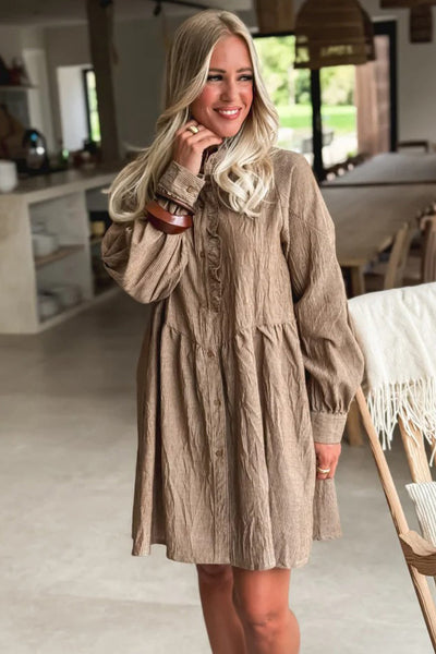 Chic Women's Long Sleeve Khaki Stripe Mini Shirt Dress with Frilled Trim and Button Front for Effortless Style
