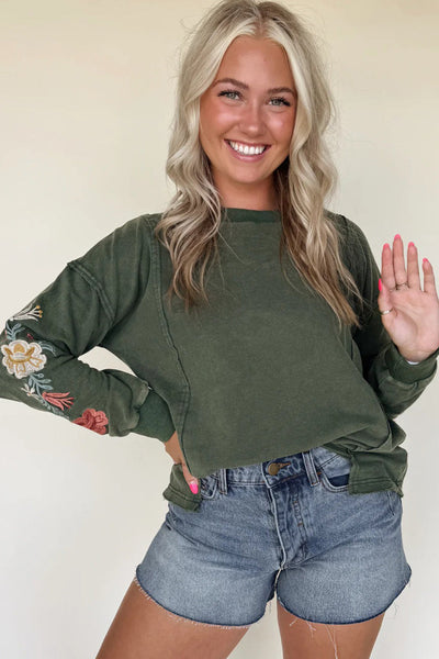 Women's Casual Mist Green Floral Embroidered Sweatshirt with Drop Shoulders and Raw Edge Detail