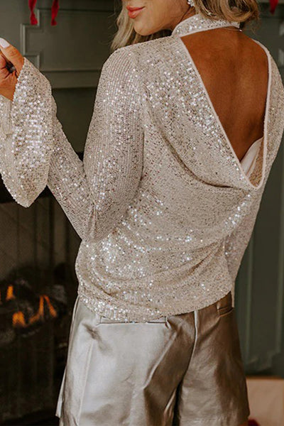 Chic Women‚Äôs Sequin Mock Neck Top with Drape Open Back & Bell Sleeves Elegant Evening Wear in Jet Stream Color