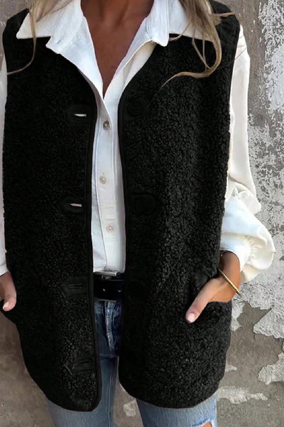 Cozy Women's Black Plush Teddy Vest with V-Neck and Button Front - Perfect Layering Piece for Winter Fashion