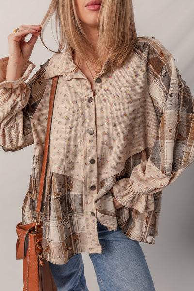Women's Boho Floral Plaid Distressed Ruffled Sleeve Shacket in Oatmeal - Casual Chic Knit Jacket for Effortless Style
