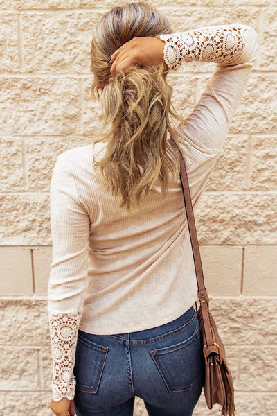 Chic Women's Beige Crochet Lace Hem Short Sleeve Button-Up Top for Effortless Casual Style