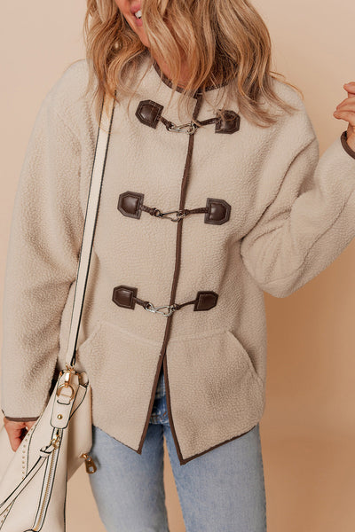 Women's Apricot Faux Shearling Toggle Coat with Contrast Piping