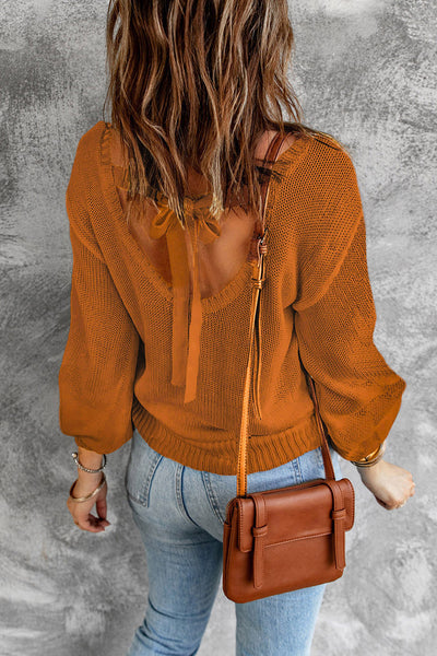 Trendy Women's Orange Drop Shoulder Sweater with Cut-Out Back and Tie Detail Cozy Fall Fashion Essential
