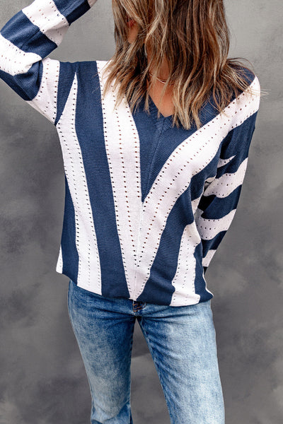 Cozy Women's Blue Striped Colorblock V-Neck Knit Sweater Perfect for Casual Chic Looks and Everyday Comfort