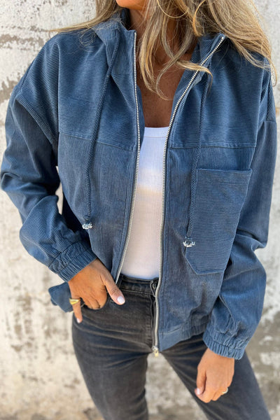 Women's Casual Real Teal Corduroy Hooded Zip-Up Jacket with Drawstring and Pockets for Everyday Comfort