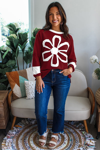 Women's Casual Red Dahlia Long Sleeve Top with Cheerful Daisy Flower Patch - Stylish Round Neck Shirt for Everyday Wear