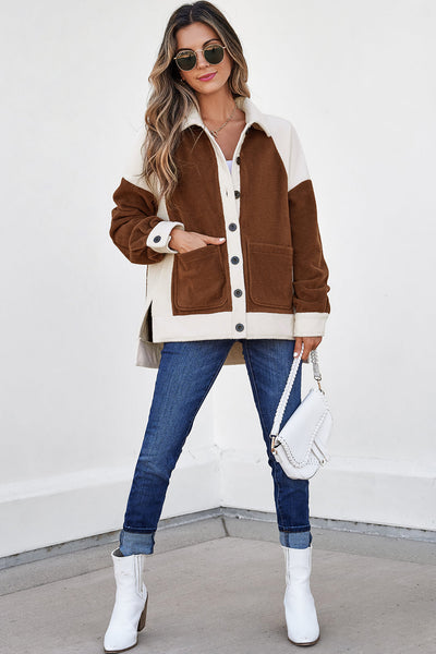 Women's Brown Color Block Fleece Shacket and Button-Down Shirt with practical styling and dependable silhouette control.