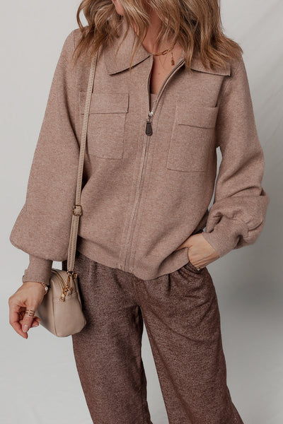 Stylish Women's Old Rose Short Cardigan with Zipper, Bubble Sleeves & Flap Pocket - Perfect for Any Occasion!