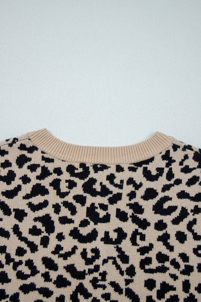 Women's Cozy Black Leopard Print Chunky Knit Cardigan Sweater with Drop Shoulders for Stylish Warmth made for easy styling and wardrobe coordination,