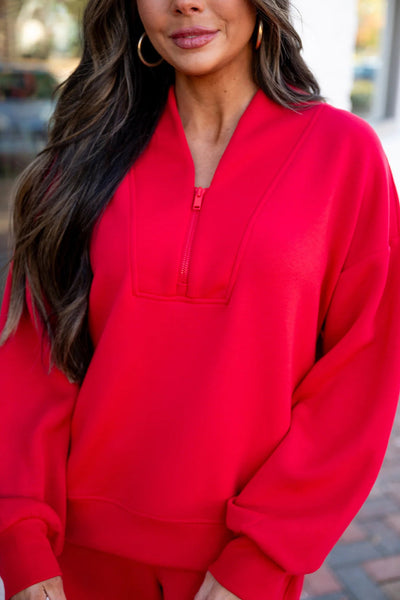 women's fiery red athleisure set - stylish quarter-zip pullover and drawstring sweatpants for ultimate comfort made for easy styling and wardrobe with
