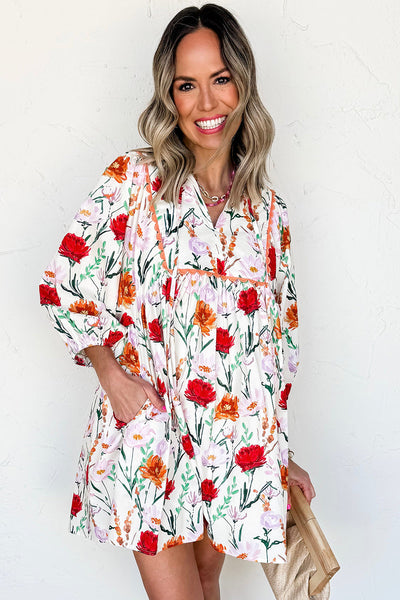 Women's Floral Ricrac Trim Mini Dress with Puff Sleeves