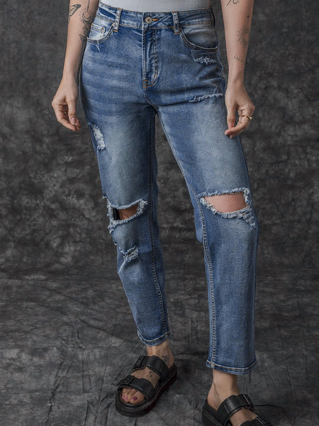 Ripped Cutout Fringe Hem Casual Jeans