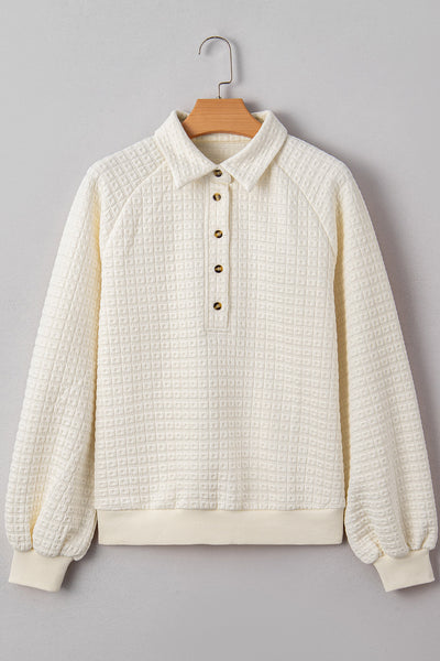women's beige pineapple texture half-button pullover with puff sleeves made for easy styling and wardrobe coordination, with premium-like structure