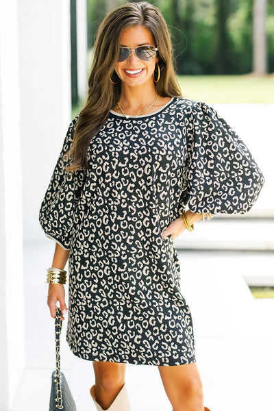 Trendy Women's Black Leopard Print Mini Dress with Bubble Sleeves - Ideal for Day or Night Out Styling