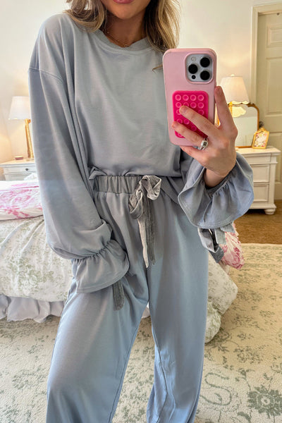 Chic Women's Blue Flounce Long Sleeve Top & Drawstring Pants Lounge Set with Velvet Bow Knot Detail