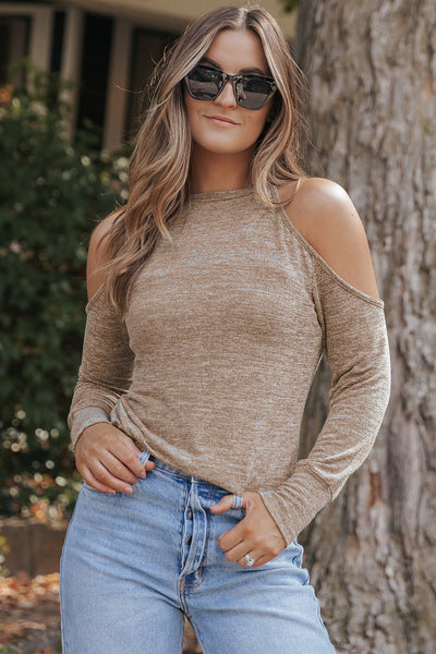 Women's Heather Gray Distressed Cold-Shoulder Cotton Blend Sweatshirt
