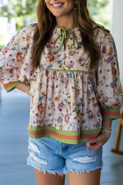 Chic Women's Beige Floral Blouse with Contrast Trim, Tie Neck & Bracelet Sleeves for Effortless Everyday Elegance