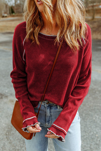 Women's Fiery Red Textured Long Sleeve Blouse - Casual Round Neck Top for Effortless Everyday Chic