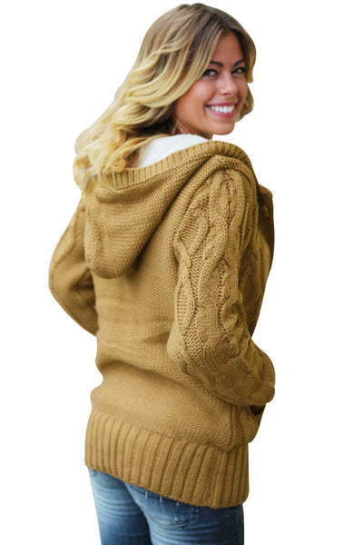 Women's Stylish Knit Cardigan - Cozy Fur Hooded Sweater with Horn Buttons for Cold Weather Fashion