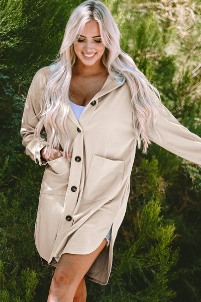 Trendy Women's Oversized Beige Hooded Corduroy Shacket - Cozy Layering Jacket with Stylish Contrast Design