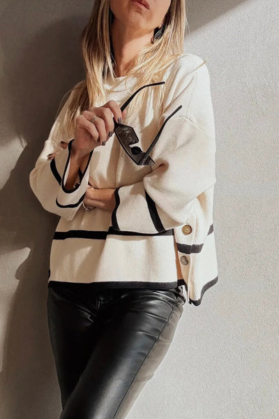 Beige Ribbed Knit Sweater for Women with Contrasting Stripes and Button Side Detail - Loose Fit, Cozy Style