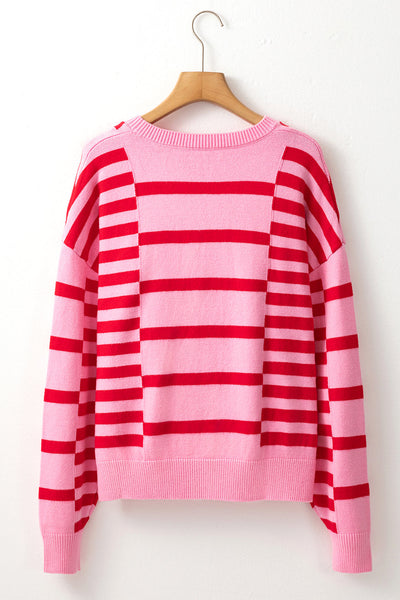 Chic Women's Pink Striped Bubble Sleeve Sweater with Drop Shoulders & Ribbed Trim for Cozy Style