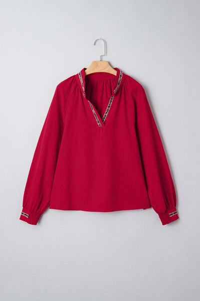 Women's Racing Red Leopard Trim V-Neck Blouse in Textured Crepe