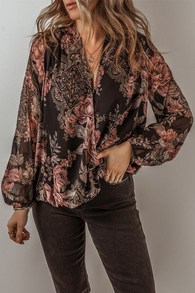 Trendy Women's Black Floral Criss-Cross V-Neck Balloon Sleeve Blouse - Stylish Casual Top for Everyday Wear