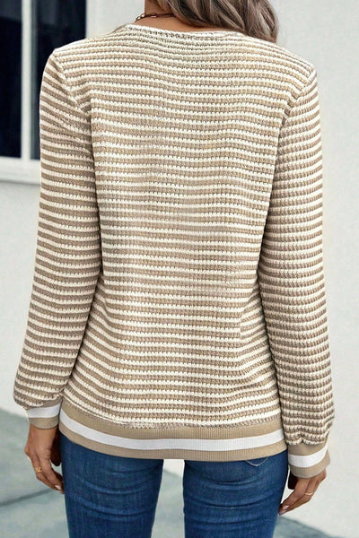 Women's Cozy Beige Striped V-Neck Sweater - Casual Knit Pullover for Effortless Everyday Style