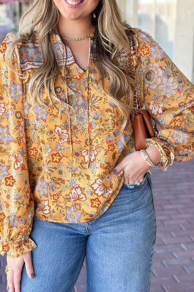 Stylish Women's Yellow Floral Blouse with Tie Neck, Long Sleeves Perfect for Effortless Spring Fashion