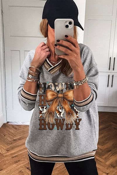 Women's Howdy Western Graphic V-Neck Sweatshirt with Fringed Bow