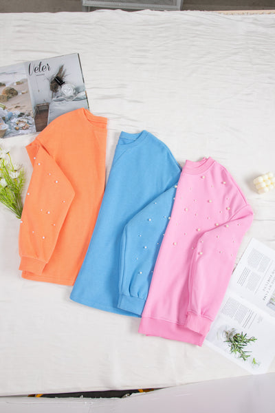 Cozy Women's Myosotis Drop Shoulder Pullover Sweatshirt with Pearled Sleeves - Chic Round Neck Top for Effortless Style