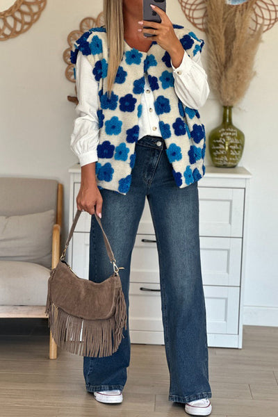 Chic Women's Sky Blue Plush Open Front Vest with Floral Details - Perfect Layering Essential for Trendy Outfits