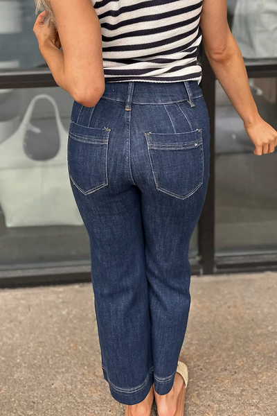 Women's Flattering High Waist Straight Leg Jeans in Dirty Blue with Stylish Contrast Seaming for Everyday Wear