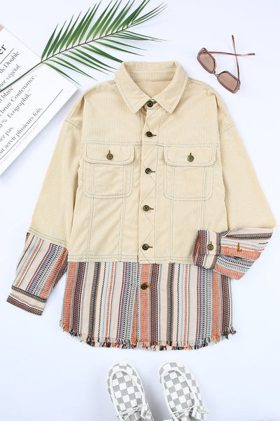 Cozy Women's Color Block Striped Corduroy Jacket with Button-Up Front and Pockets - Perfect Fall Outerwear made for easy styling and wardrobe