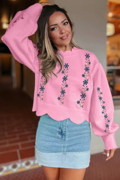 Trendy Women's Pink Floral Embroidered Cropped Sweater with Scalloped Hem Comfortable Spring Fashion Staple