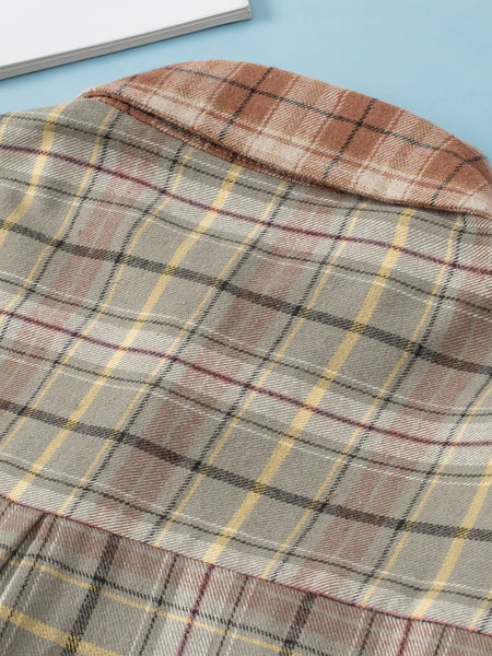 Rustic Brown Patchwork Plaid Shacket with Raw Edge Finishing