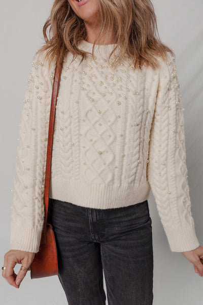 Beige Women's Cozy Cable Knit Sweater with Pearl Details - Chic Fall & Winter Essential for Effortless Style