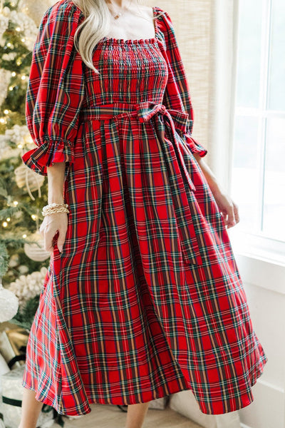 Women's Flattering Women's Red Tartan Midi Dress with Puff Sleeves, Square Neck, and Stylish Knot Waist Detail